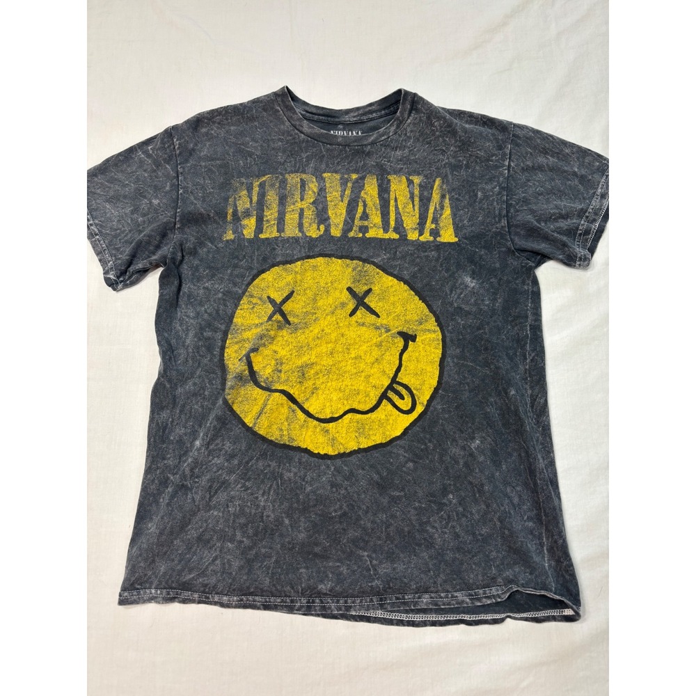 Nirvana Smiley Face Graphic Tee Acid Wash Gray Cotton T-Shirt Medium